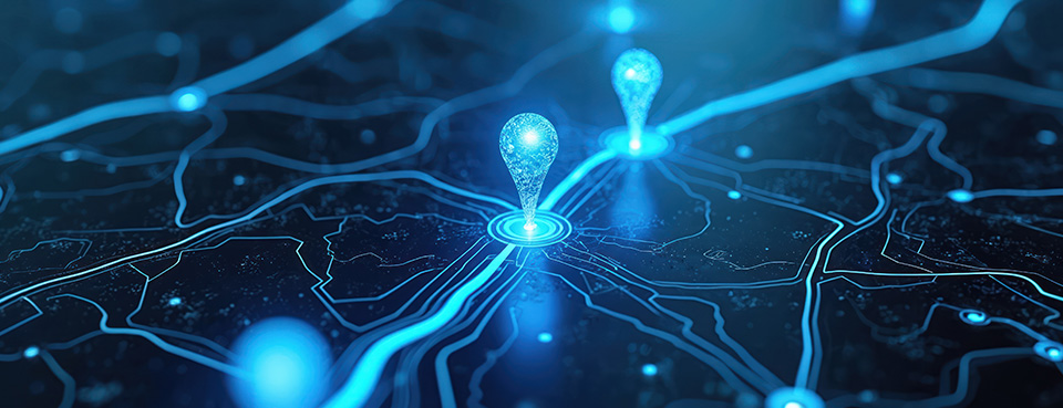 blaue Standortmarkierungen auf digitalisierter Karte
